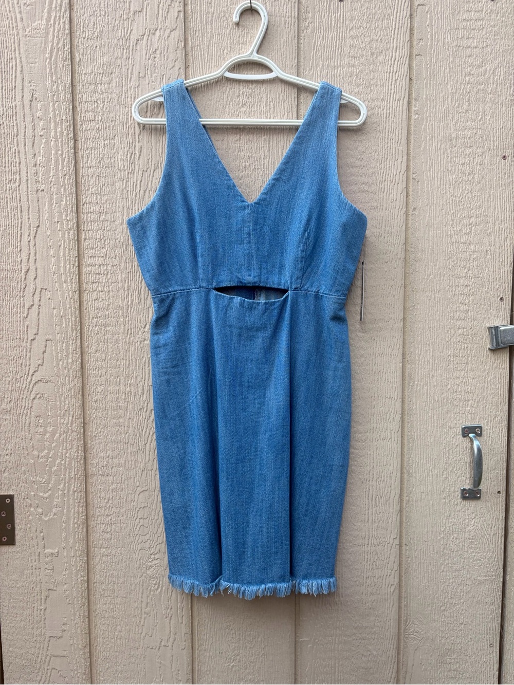 Design Lab Lord & Taylor Blue Denim V-Neck Mini Dress with Frayed Hem